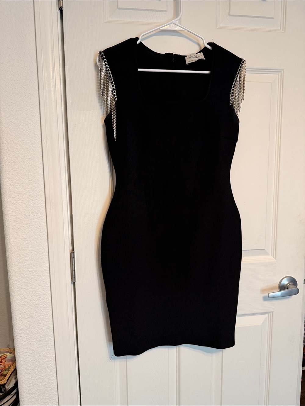 Black Mini Dress with Chain Fringe Shoulder Detail